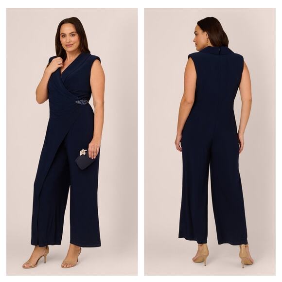 Adrianna Papell Sleeveless Jersey Wide Leg Jumpsuit With Shawl Neckline Navy 16 - Picture 1 of 8